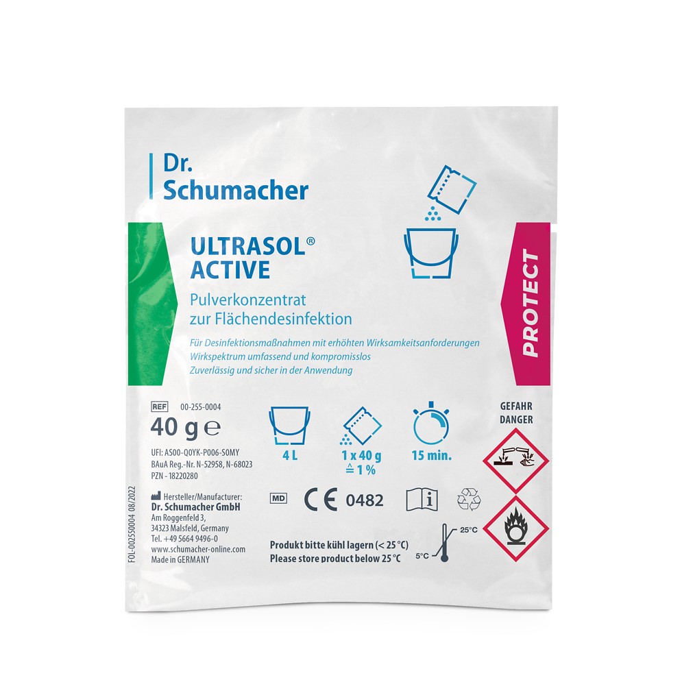 Dr. Schumacher ULTRASOL ACTIVE, Flächendesinfektionsmittel, Karton mit 100 Dosierbeuteln à 40g